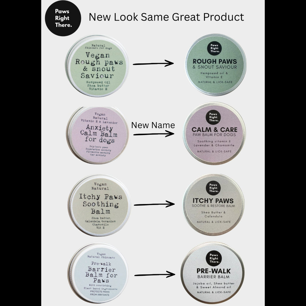 Comparison of pet care product containers with new and old names on a white background