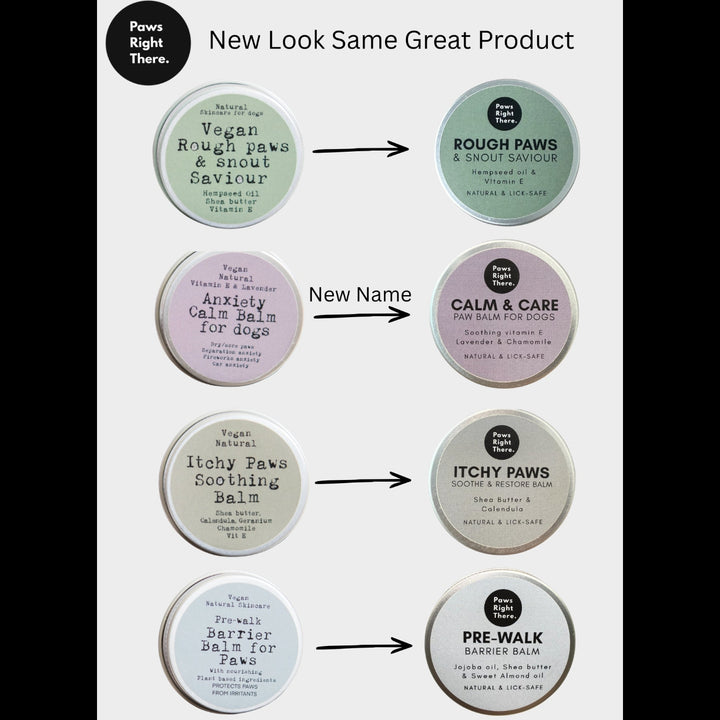 Comparison of pet care product containers with new and old names on a white background