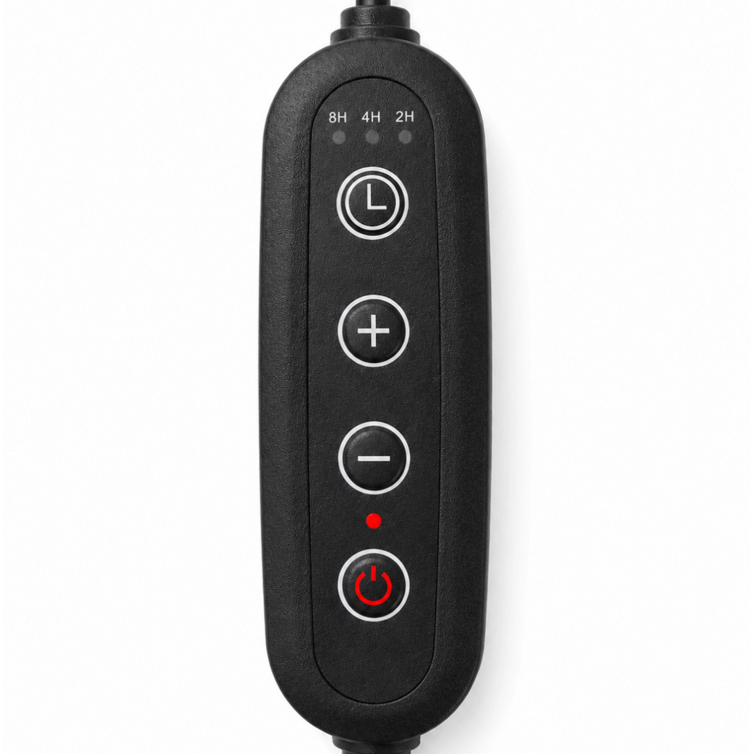 A close-up of a black electronic control module with five buttons on a white background. The buttons include a clock icon, plus, minus, and a red power icon, with time indicators (8H, 4H, 2H) above them.