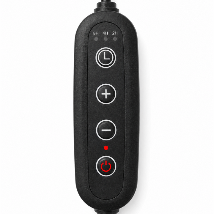 A close-up of a black electronic control module with five buttons on a white background. The buttons include a clock icon, plus, minus, and a red power icon, with time indicators (8H, 4H, 2H) above them.