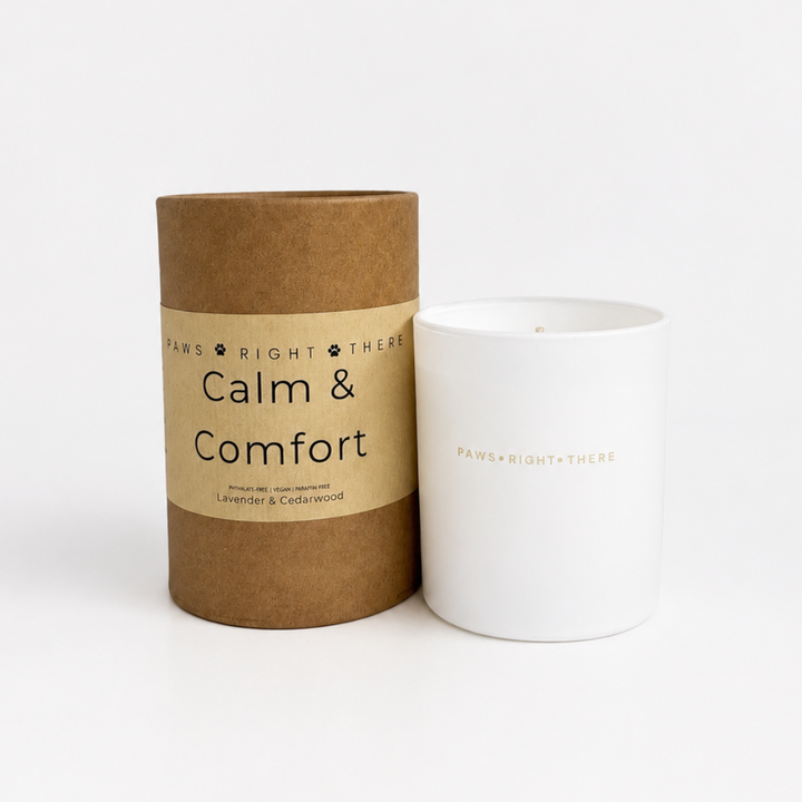 A white candle jar next to its brown kraft paper cylindrical packaging tube, both featuring a beige label with the text Calm & Comfort pet friendly candle from the brand Paws Right There