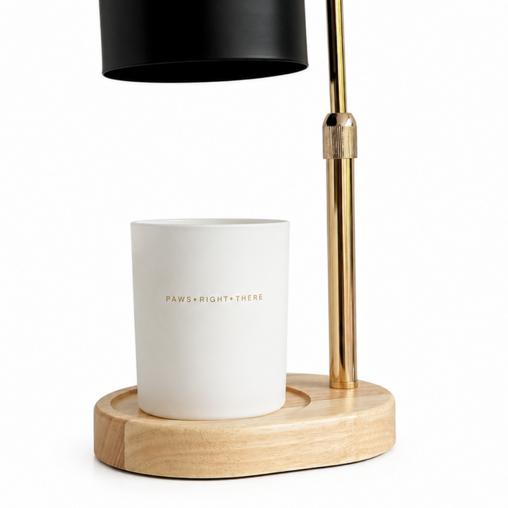 A candle warming lamp with a matte black dome shade, polished gold metal arm and base details, and a light natural wood base, shown with a white candle placed in its circular wooden tray. The candle features the text 'PAWS RIGHT THERE' 