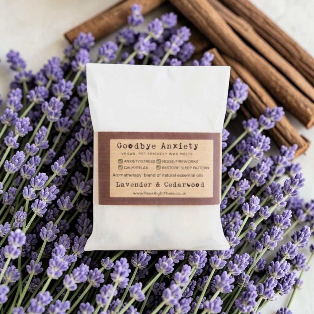 Packaging of 'Goodbye Anxiety' product on lavender flowers and cinnamon sticks