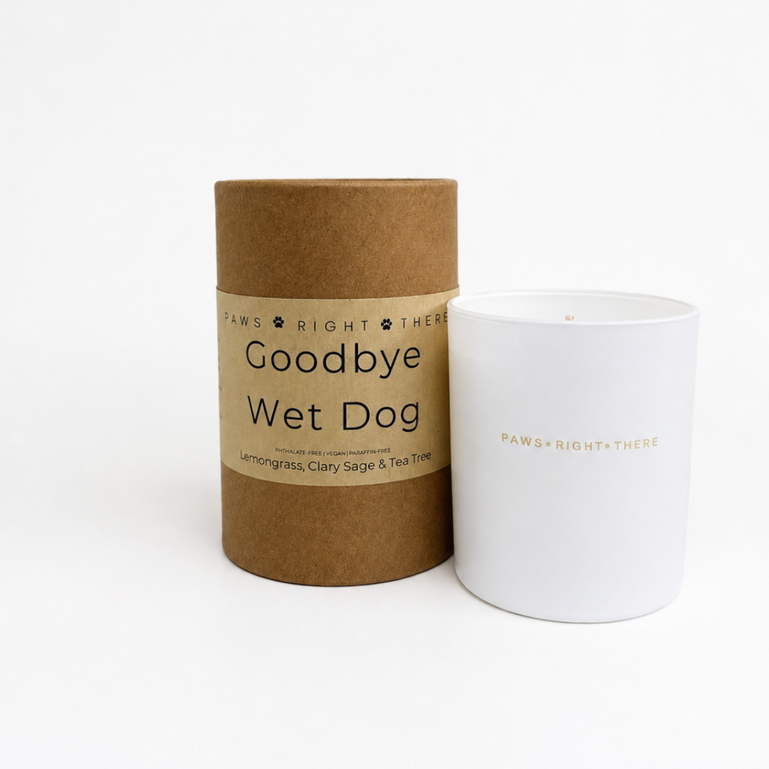 A white candle jar next to its brown kraft paper cylindrical packaging tube on a clean white background. The packaging features a paper band with the scent name 'Goodbye Wet Dog' and the brand 'Paws Right There'.