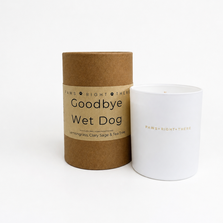 A white candle jar next to its brown kraft paper cylindrical packaging tube on a clean white background. The packaging features a paper band with the scent name 'Goodbye Wet Dog' and the brand 'Paws Right There'.