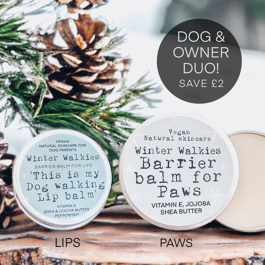 dog owner gift, lip balm, paw balm, dog walkers, dog owners, natyral skincare, vegan friendly, barrier for lips, barrier for paws, paw protection, cold weather protection, dry lips, cracked lips, dry paws, cracked paws, best paw balm, best lipbalm, natural 