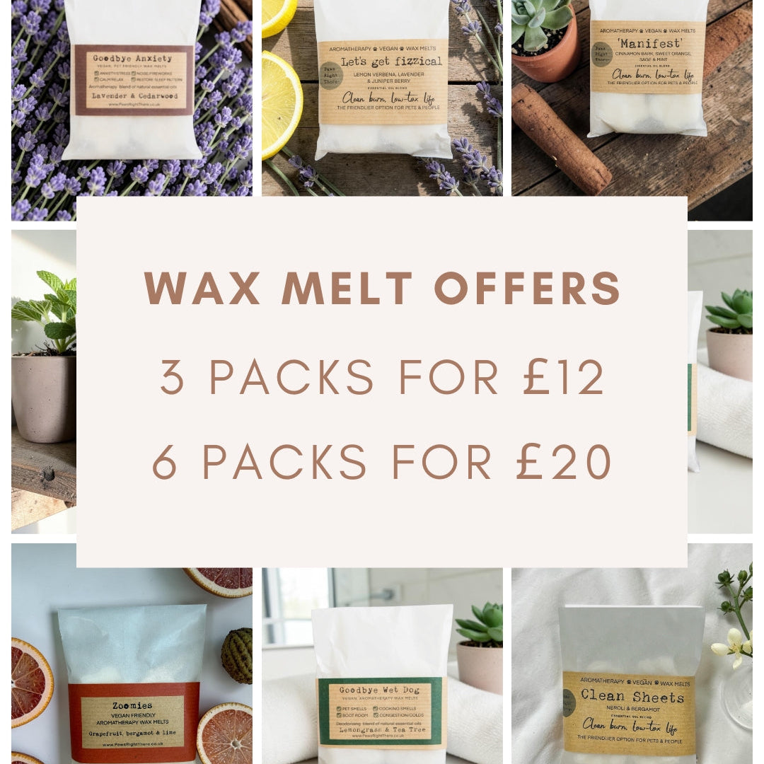 Collage of wax melt packages with promotional text overlay.
