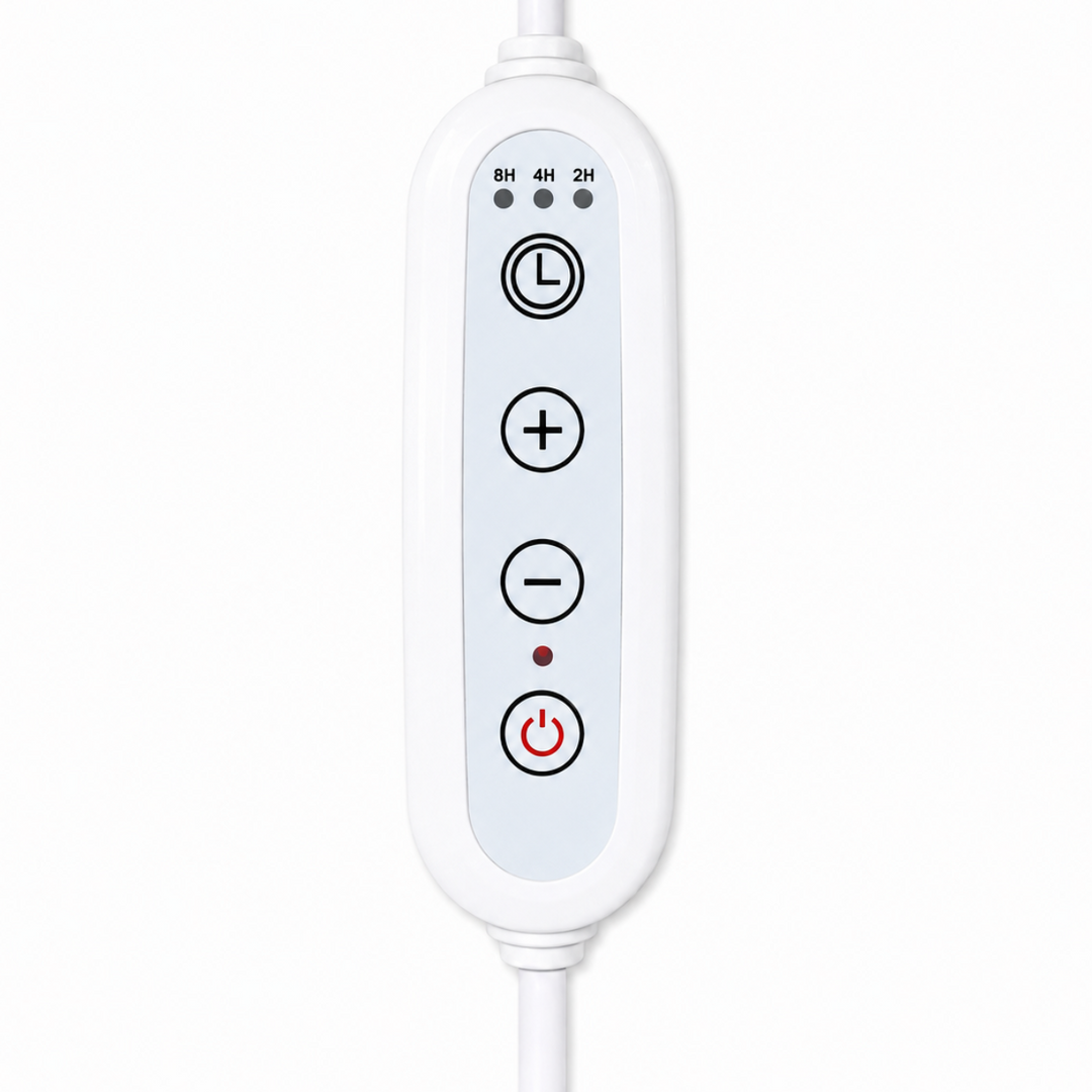 A white electronic remote control or device inline switch with a vertical layout, featuring a white body, black circular buttons with white symbols, and a red power button at the bottom. It is shown on a clean white background.
