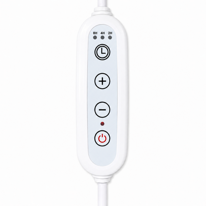 A white electronic remote control or device inline switch with a vertical layout, featuring a white body, black circular buttons with white symbols, and a red power button at the bottom. It is shown on a clean white background.