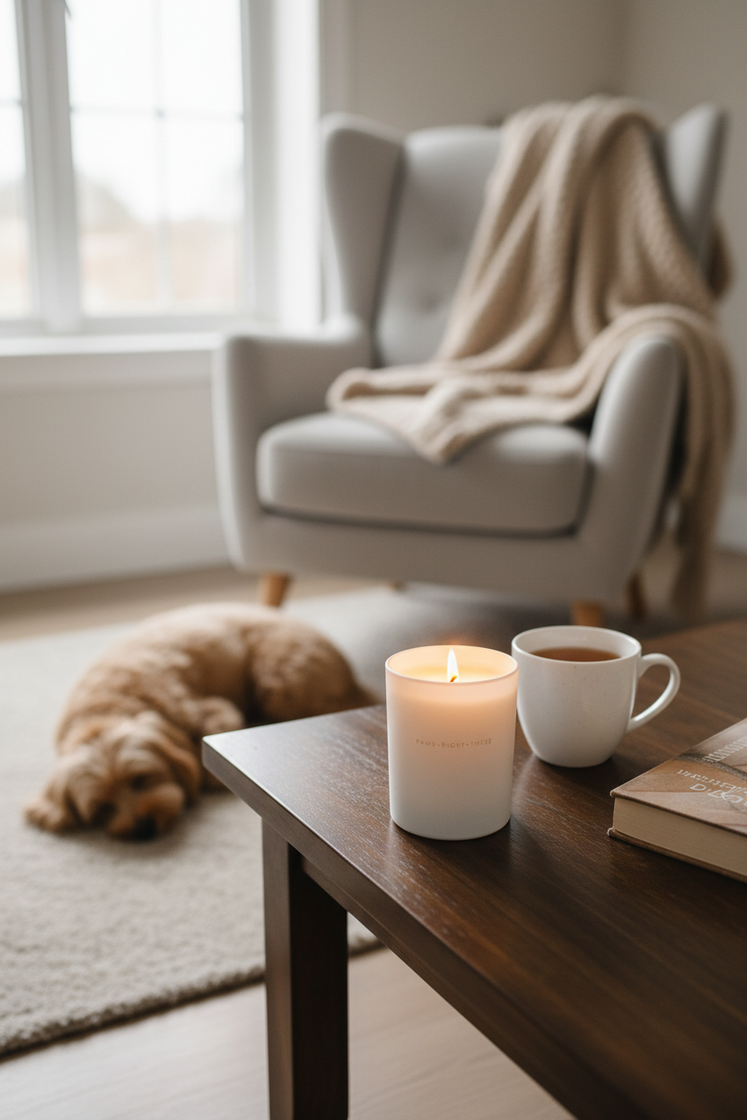 Goodbye Anxiety candle cozy lifestyle scene - portrait